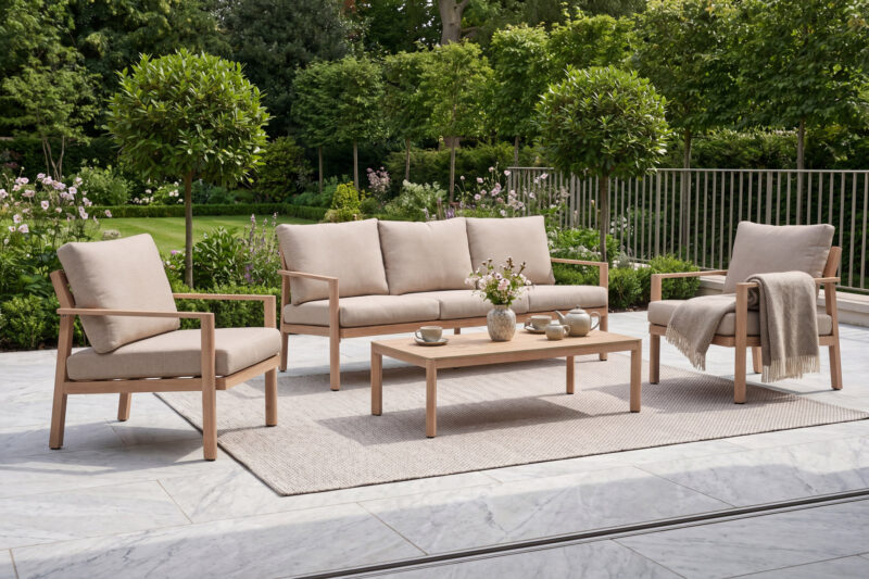 Modern Outdoor Aluminum Sofa Set with Wood Grain Finish & Glass Coffee Table | 42551