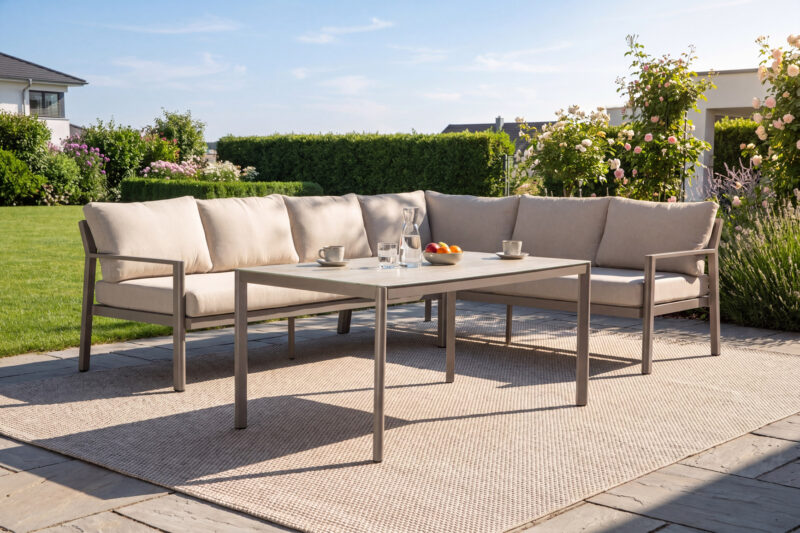 Modern Outdoor Sectional Sofa Set with Low Dining Table & Aluminum 52553 Frame